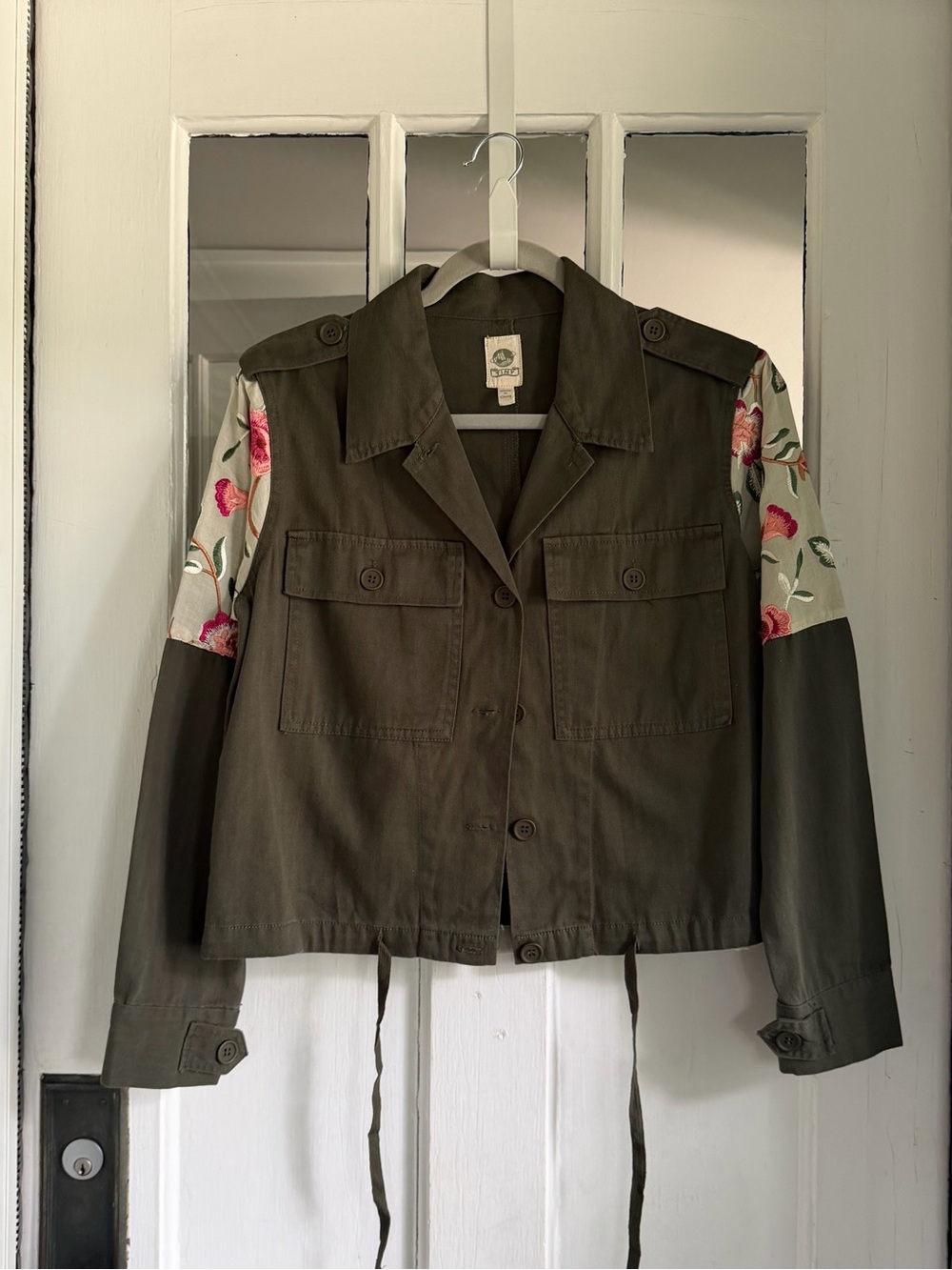 Anthropologie Tiny Olive Floral-Sleeve Utility Jacket